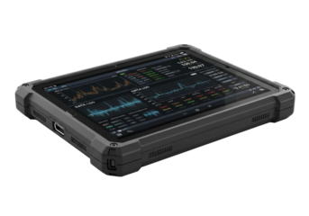 Rugged industrial tablet with matte black rubberized housing, reinforced corners, and dark display showing glowing digital data log, isolated on white background with copy space, clean technology