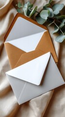 An inviting envelope cradles a white card adorned with delicate greenery, creating a warm and thoughtful presentation