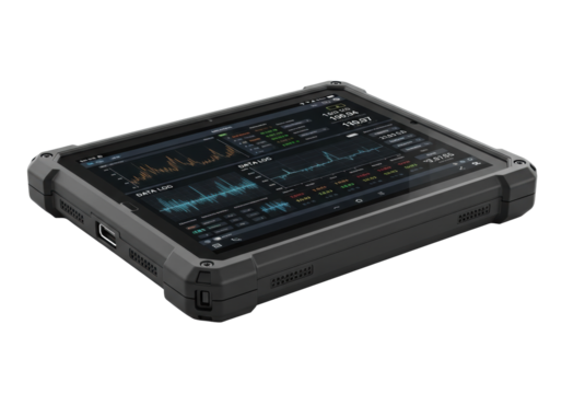 Rugged industrial tablet with matte black rubberized housing, reinforced corners, and dark display showing glowing digital data log, isolated on white background with copy space, clean technology