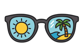 Sunglasses with reflection of sun and beach. Summer vacation concept. Tropical holiday icon with palm tree and ocean wave. Vector illustration for travel or paradise theme.