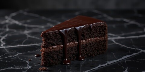 Indulgent Dark Chocolate Cake with Glossy Ganache, Shot in Dramatic Low Key Lighting on a Luxurious Black Marble Countertop