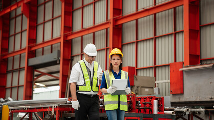 Industrial workers in safety helmets and vests measuring metal sheets inside a modern factory,...