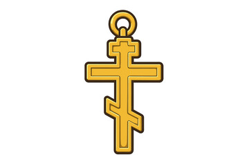 Golden Orthodox cross vector icon. Byzantine Christian religious symbol. Gold crucifix jewelry pendant. Faith, God, and spirituality concept. Isolated flat cartoon illustration.