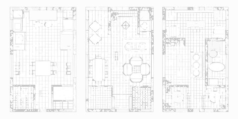 Architectural floor plan drawings of three different interior spaces with furniture layouts