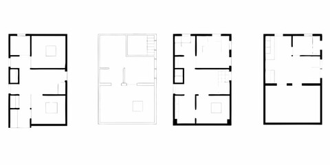 Four different minimalist floor plan designs showing house layouts and room divisions