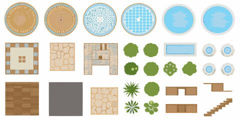 Top down view of various outdoor elements including patios pools trees and furniture © Kopil