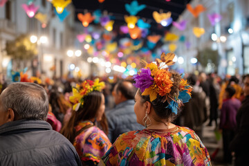 Street filled with colorful lanterns and festive costumes for Las Posadas, vibrant details,