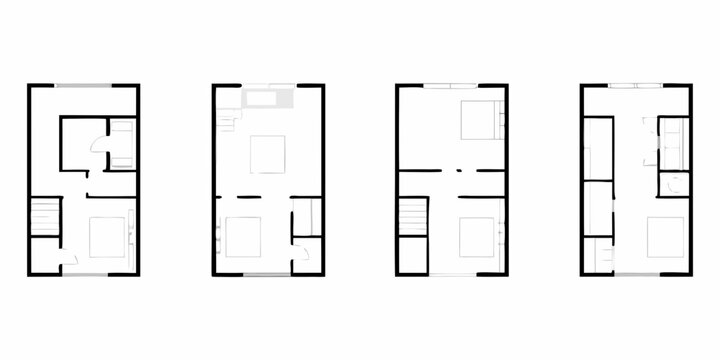 Collection of simplified floor plans for small houses or apartments showing different layouts and room arrangements