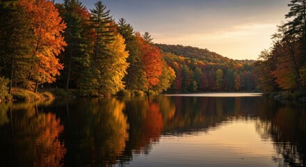 Obraz premium Autumnal lake reflecting vibrant foliage