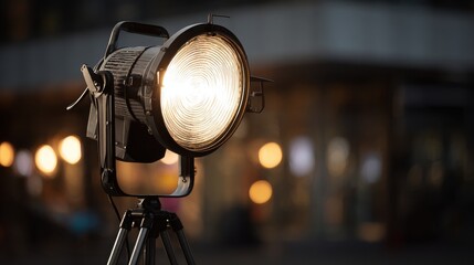 Elegant photo of close up view of a light mounted on a tripod. This versatile image can be used to depict photography, film production, or lighting equipment.