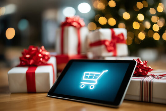 Shopping cart icon glowing on tablet screen, surrounded by wrapped gifts, 