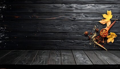 Dark wood table with spices and autumn leaves