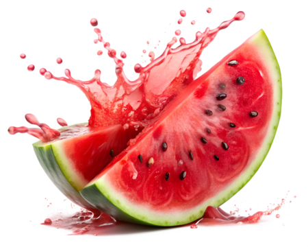 Two juicy watermelon slices with a splash of juice isolated on transparent background - Powered by Adobe