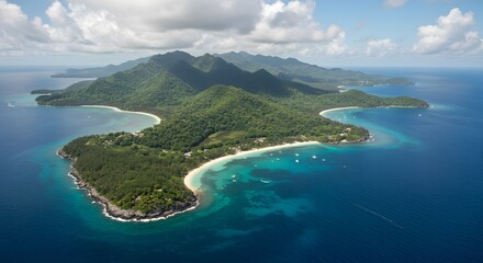 Fototapeta premium Aerial View of a Lush Tropical Island Paradise with Pristine Beaches and Turquoise Waters