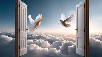 Doves take flight between two open doors, creating a peaceful scene in a cloudy sky during the calm of twilight