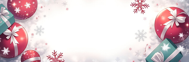 Obraz premium Festive holiday background featuring Christmas baubles, wrapped gifts and snowflakes on a snowy backdrop. Perfect for greeting cards, banners, invitations, seasonal promotions, and holiday design