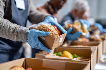 Group of volunteers packing food parcels in cardboard boxes at charity center, 