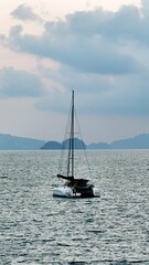 sailing catamaran in the evening at sea