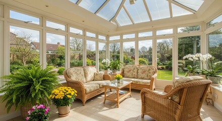 Sunroom with a view of a garden.