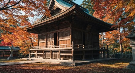 Obraz premium Autumnal wooden shrine nestled amongst vibrant foliage