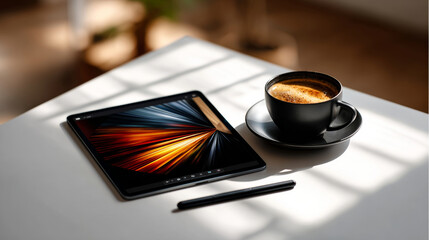 A sleek tablet with a stylus and a steaming coffee cup on a sunlit desk, perfect for creative work or relaxation. Ideal for tech, lifestyle, and workspace themes. High-quality, vibrant image.