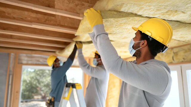 A team installs insulation in a new home with fiberglass unrolling staple guns clicking safety masks on and a ladder nearby depicted in a practical photo with fiber textures