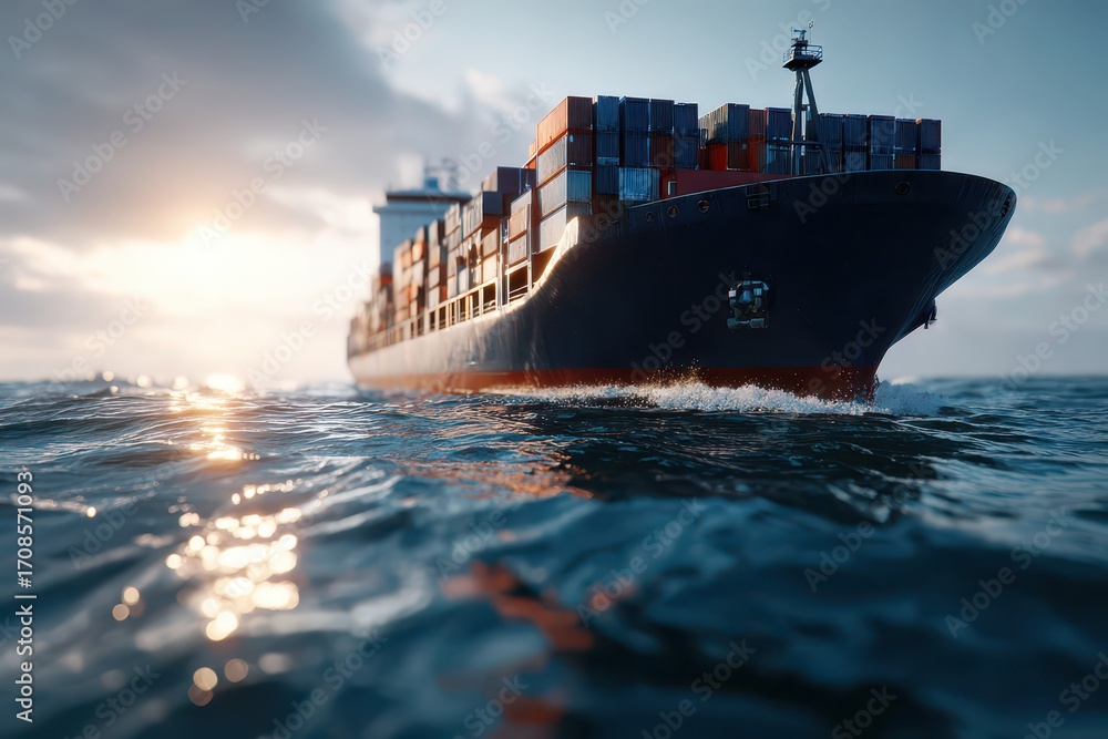 Poster powerful container ship navigating open ocean waters with a dramatic sky