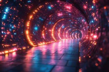 Fototapeta premium Colorful lights illuminating a tunnel.