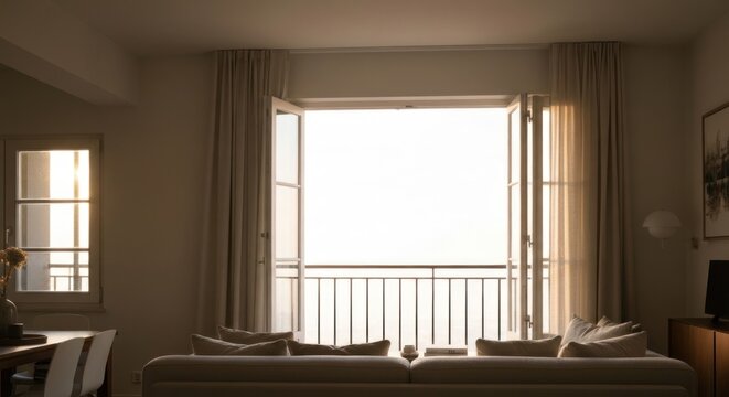 Bright sunlight streams into a modern living room, showcasing a balcony view