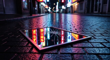 Broken mirror reflects neon-lit city street at night