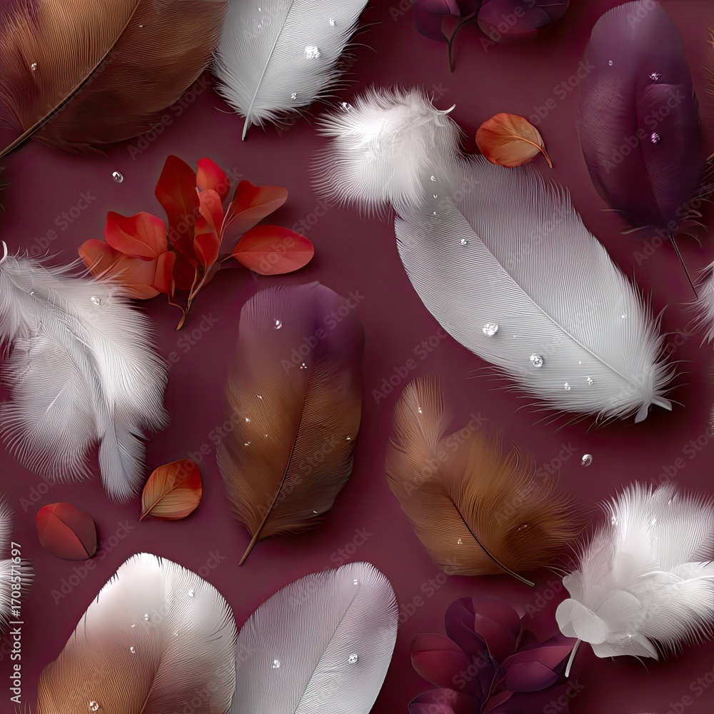 Poster delicate pink feathers rest softly, adorned with tiny droplets that reflect light, creating a serene