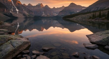 Calm alpine lake at dawn, mirrored peaks