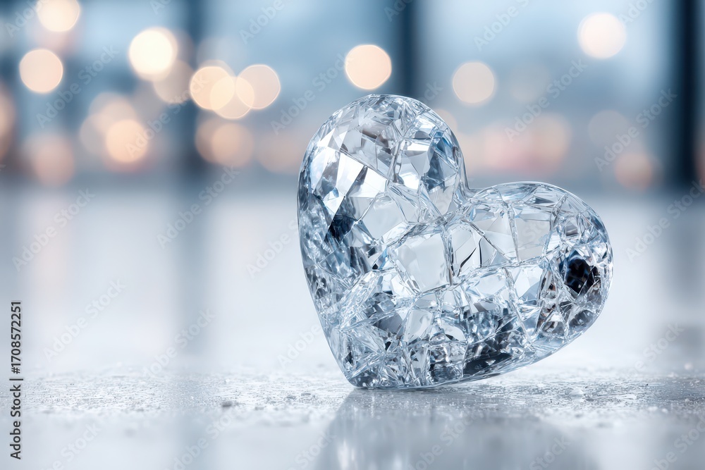 Poster a dazzling faceted crystal heart on a reflective surface with soft bokeh lights.