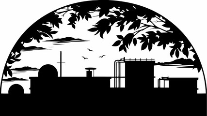 Silhouette of Buildings with Trees and Birds