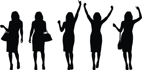 Silhouettes of five women in various poses wearing dresses and high heels, carrying handbags, representing fashion, style, elegance, and modern lifestyleSilhouettes of five women 