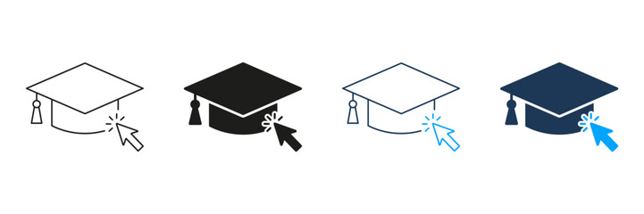 Graduation Cap With Cursor Line And Solid Icon Set. Online Education, E-Learning, And Digital Learning Symbol Collection. Academic Achievement And Virtual Classes. Isolated Vector Illustration