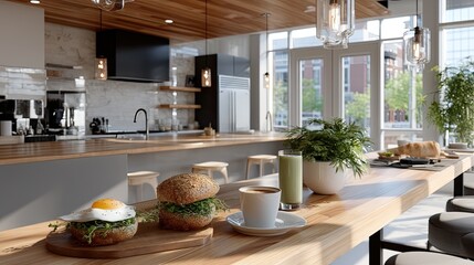 Fresh breakfast items including eggs, croissants, and drinks are served on a wooden kitchen table in morning light