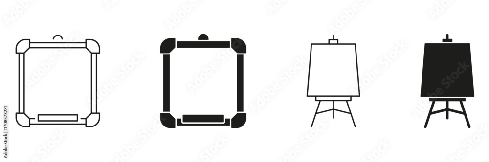 Poster square frame and easel line and solid icon set. art display, presentation, and creativity symbol col