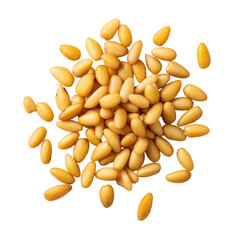 Pile of raw pine nuts scattered top view isolated on dark surface natural food ingredient close-up detail isolated on transparent background