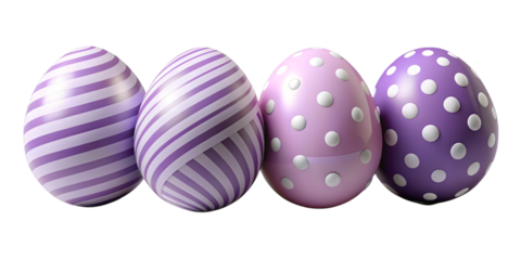 Four easter eggs with purple stripes and polka dots isolated on a transparent background pink white