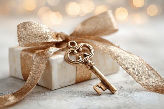 Elegant vintage key rests on a golden ribbon gift box, festive bokeh lights.
