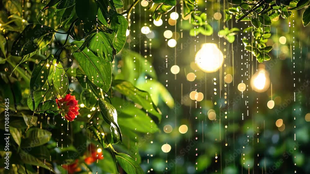Poster experience the serene beauty of lush greenery illuminated by soft lights and gentle raindrops at twi