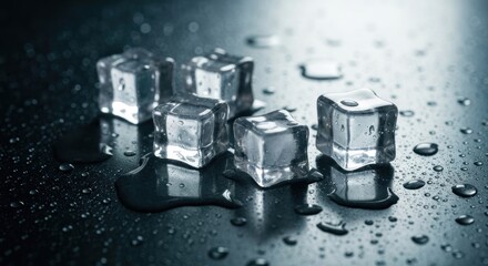 Clear ice cubes on a dark, wet surface