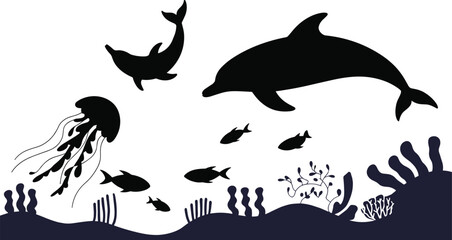 Silhouette of Dolphins, Jellyfish, and Fish Swimming in Ocean with Coral Reef, Underwater Marine Life Scene, Vector Illustration for Nature and Sea ThemesSilhouett