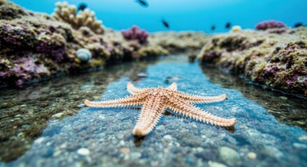 Clear shallow water, starfish rests on seabed. Coral reef surrounds