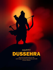 Happy Dussehra Greeting with Lord Rama Silhouette Holding Bow and Arrow on Red Background