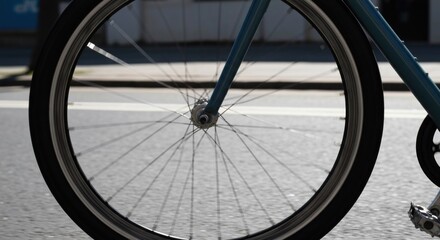 Close-up bicycle wheel on city street. Sunlight highlights spokes and tire