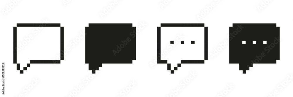Poster pixel art speech bubble icon set. communication and messaging pixelated symbol collection. minimalis