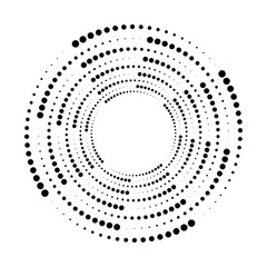 Radial speed Lines in circle form for comic books. Design element for frame, logo, tattoo, web pages, prints, posters, template, background. Set of black thick halftone dotted speed lines. Vector.