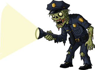Creepy zombie police officer cartoon, undead cop with flashlight, horror Halloween character in uniform, scary walking dead patrol, spooky law enforcement vector